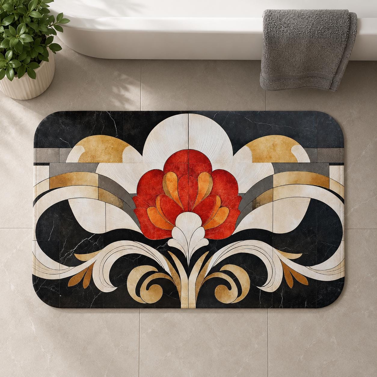 Art Deco Bath Mat, Vintage Glam Bathroom Rug, Black Gold Floral Bath Mat, Luxury Memory Foam Bathroom Decor, Elegant Guest Bath Rug