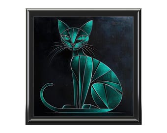 Caja de joyería Art Déco con diseño de gato: elegante joyero negro con forma de gato, estilo vintage.