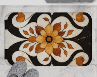 Floral Art Deco Bath Mat: Amber, Black & Gold Marble Mosaic Motif - Elegant Bathroom Decor