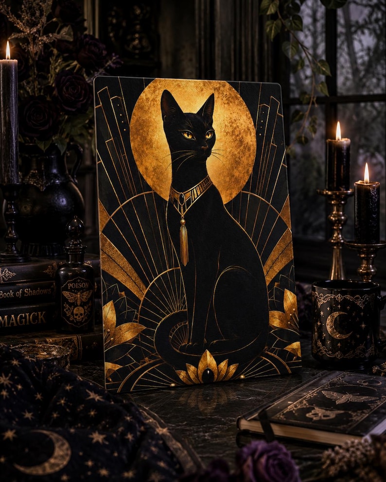 art deco cutting board, black cat decor, cat lover gift, gatsby kitchen decor, black gold kitchen, luxury cutting board, glass cutting board, whimsical cat art, vintage glamour decor, art deco kitchen, black cat gift, tempered glass board