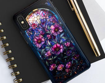 Purple Floral Stained Glass Tough Phone Case: iPhone, Galaxy, Pixel