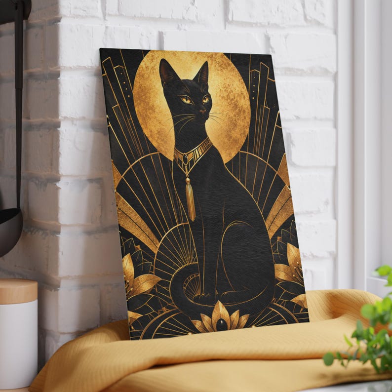 Planche à découper en verre art déco chat noir, décoration de cuisine en or noir, planche à découper style Gatsby, cadeau de luxe pour amoureux des chats, planche en verre trempé image 2