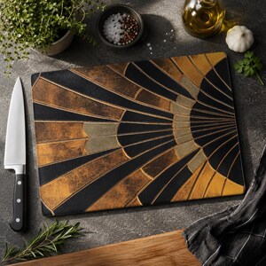 à découper Art déco en verre trempé | Éventail géométrique en or noir - Décoration de cuisine luxueuse