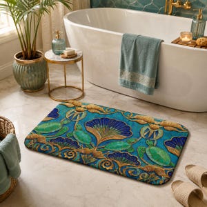 May include: A rectangular bath mat featuring a vibrant pattern of green sea turtles and blue and gold lotus flowers on a textured teal background. The design incorporates intricate golden scrollwork and stylized floral motifs across the surface.