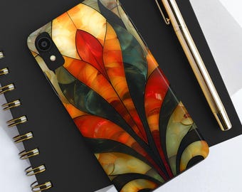 Art Deco Tough Phone Cases -  Marble Mosaic Motif, Sage Green & Amber Colour iPhone Cover, Unique Gemstone Design, Elegant Accessory