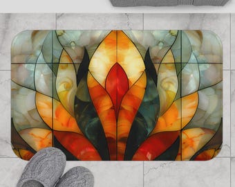 Art Deco Bath Mat, Stained Glass Bathroom Rug, Warm Amber Orange Spa Mat, Luxury Geometric Bath Rug, Non Slip Memory Foam Mat