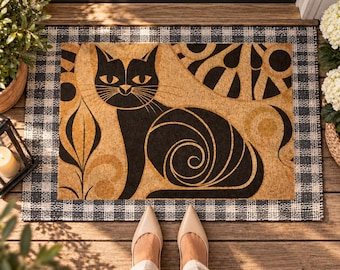 Art Deco Cat Doormat, Black Cat Coir Door Mat, Mid Century Modern Entryway Decor, Cat Lover Housewarming Gift, Retro Cat Welcome Mat