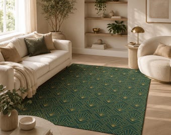 Green Art Deco Area Rug, Modern Home Decor, Polyester Carpet
