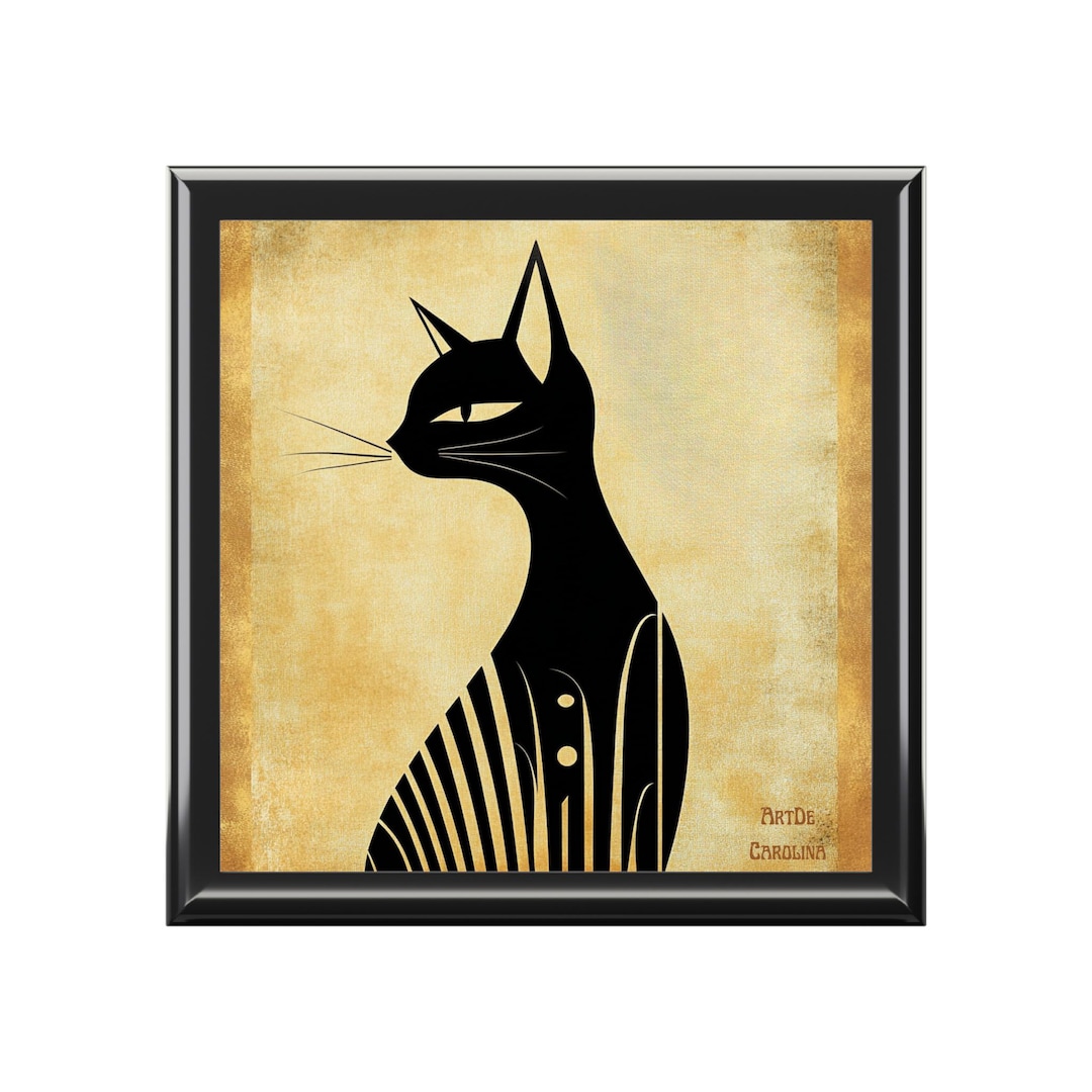 Visual Reference: Art Deco Black Cat Wooden Jewelry Box Cat Lover Gift