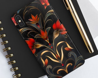 Red & Black Floral Phone Cases - Art Deco Style - for iPhone, Samsung Galaxy, Google Pixel, Luxurious Feel, High Quality Protective Case
