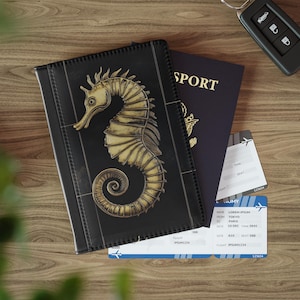 Seepferdchen Passhülle, Reisebrieftasche, Passhülle, Art-Deco-Zubehör, luxuriöse schwarze Passhülle, Geburtstagsgeschenk