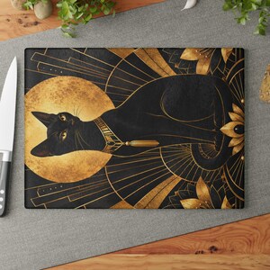 Planche à découper en verre art déco chat noir, décoration de cuisine en or noir, planche à découper style Gatsby, cadeau de luxe pour amoureux des chats, planche en verre trempé image 7