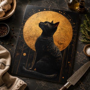Peut inclure: Une planche à découper rectangulaire noire présentant une illustration centrale d'un chat noir assis de profil, regardant vers le haut. Derrière le chat se trouve un grand motif de soleil circulaire doré et texturé avec des lignes fines.