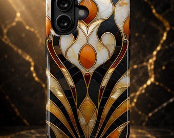 Art Deco Stained Glass iPhone Case | Black & Gold Geometric Samsung Galaxy, Google Pixel Cover