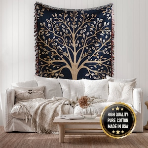 Reversible Cotton Throw Blanket: Woven Tree Design, Family Bedspread