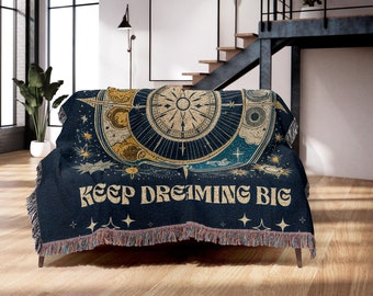 Stay Magical Celestial Tapestry Vintage Sun Moon Stars Blanket With Quote, Astrology Tapestry Cotton Made, Grown Daughter Gift