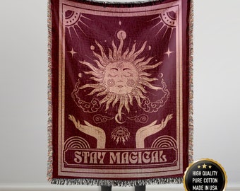 Celestial Tapestry Vintage Sun Blanket, Stay Magical Woven Blanket, Astrology Tapestry Made from Cotton, Grown Daughter Gift