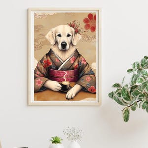 Vintage retriever in japanese kimono wallart Japanese dog art Coffee lover vintage japanese wall art Vintage japanese decor Kimono dog print