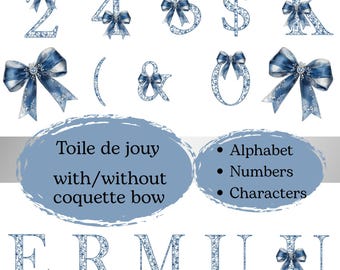 Blue Toile coquette bow alphabet Set Blue toile Numbers and characters Blue floral alphabet Coquette bow letters POD use allowed