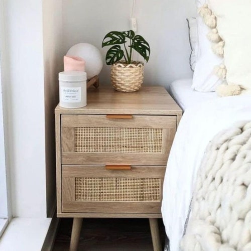 Rattan Nightstand Modern Boho Wood End Accent Table Etsy