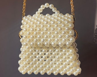 Pearl Beaded Wedding Bag: Bridal Clutch with Golden Chain