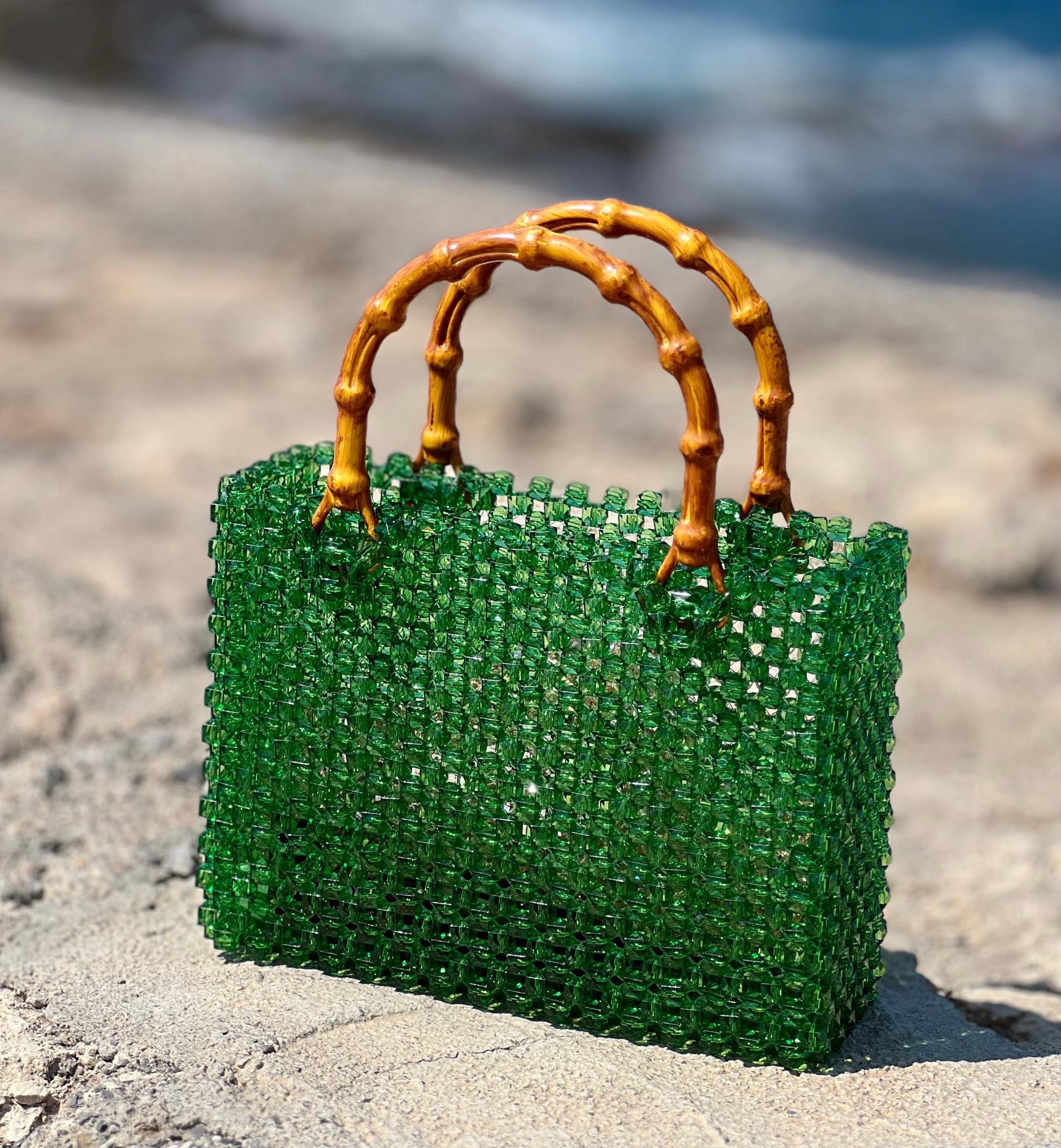 Green Cube Bead Bag With Bamboo Handle - 'havana' Style - Etsy