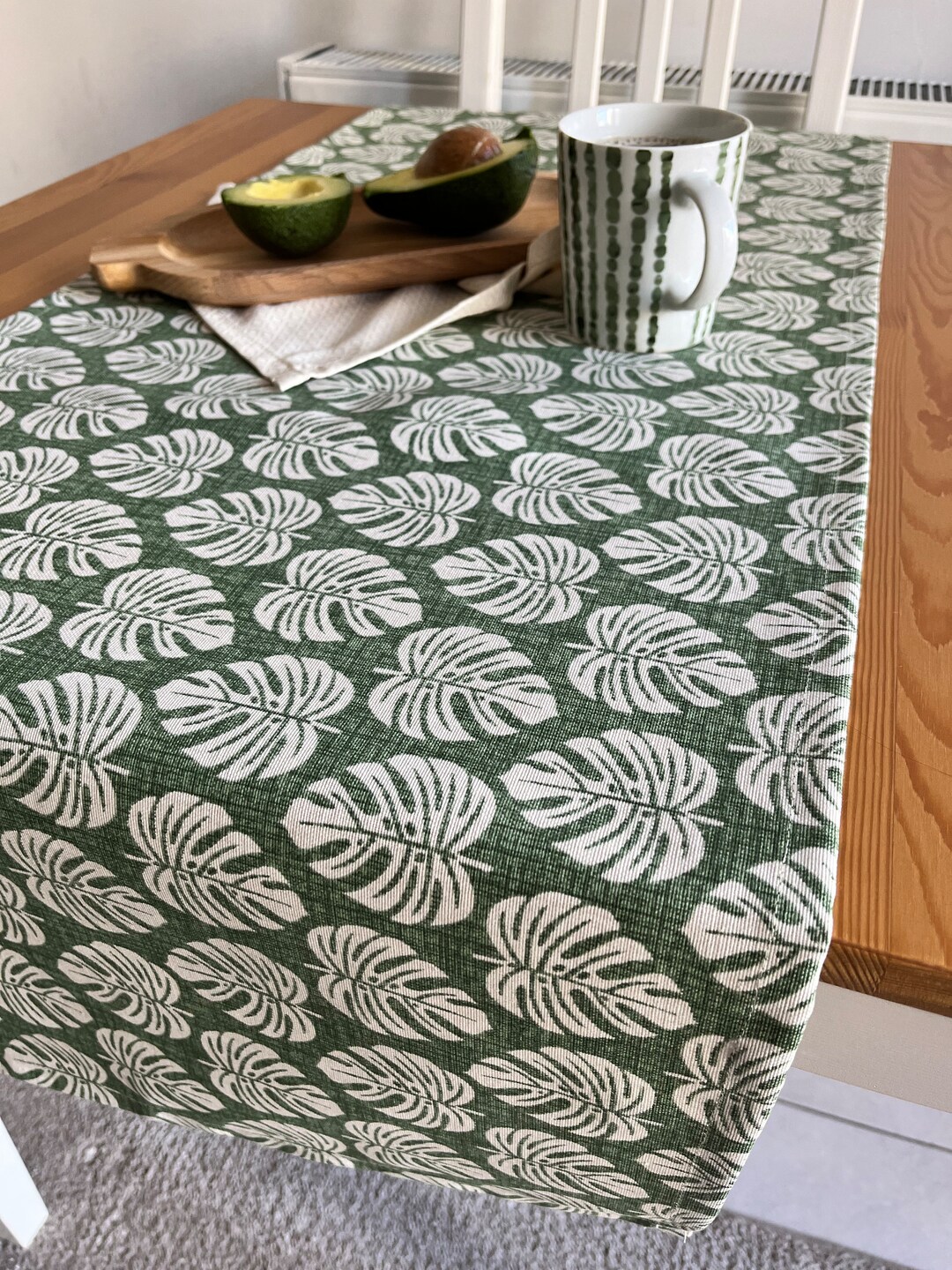 Green Leaves Table Runner Botanical Leaf Kitchen Runner Etsy