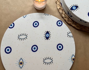 Eye Pattern Placemats, White Placemat Sets,  Boho Table Placemats, Evil Eye Placemat, White Placemats, Gift For Her, Evil Eye Placemats