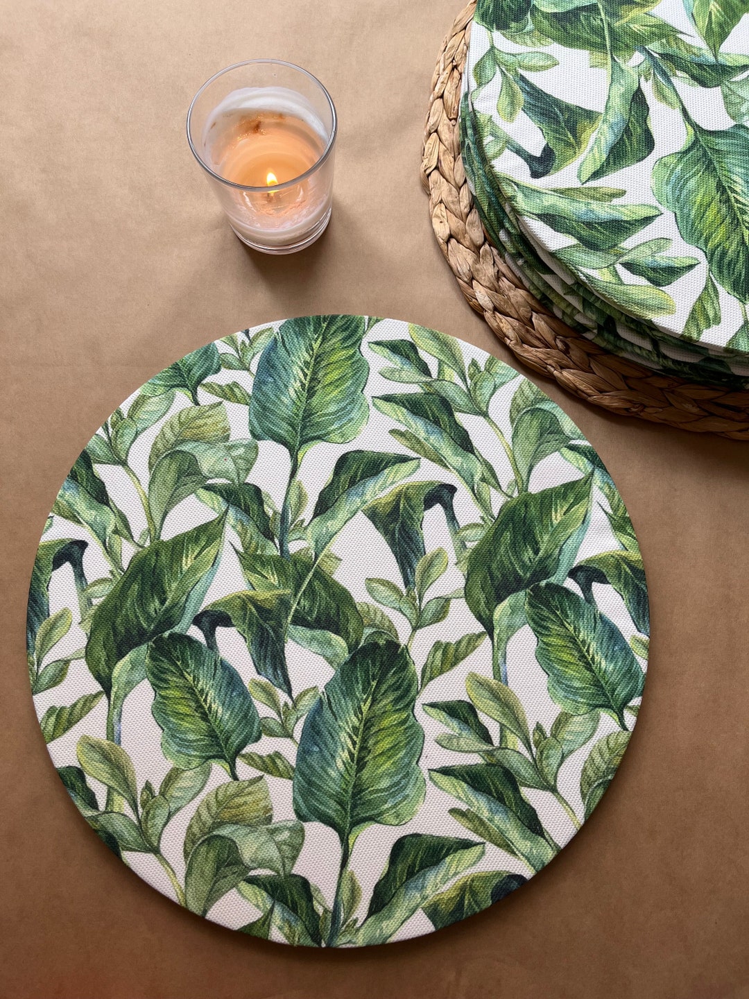 Green Leaf Placemat Sets, Farmhouse Leaf Placemats, Palm Placemats Set, Green Placemat, Oval