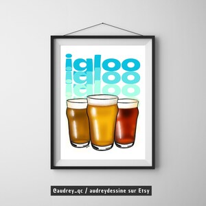 Puede incluir: Tres vasos de cerveza con líquidos de diferentes colores, frente a un fondo azul y blanco con la palabra "igloo" repetida varias veces.