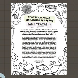 May include: Black and white illustrated guide for meal planning, featuring various food illustrations like pasta, vegetables, and sandwiches. Text includes "Organize Your Meals Without Hassle" and "@AUDREY_QC audreydessine sur etsy."