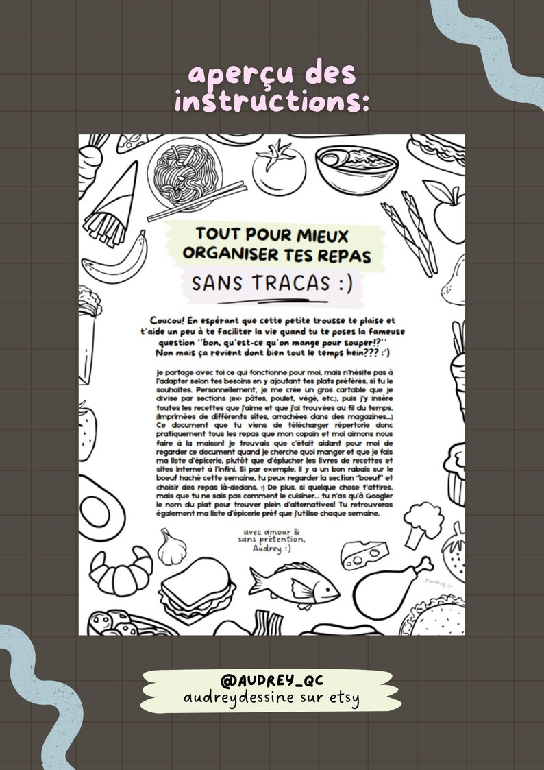 May include: Black and white illustrated guide for meal planning, featuring various food illustrations like pasta, vegetables, and sandwiches. Text includes "Organize Your Meals Without Hassle" and "@AUDREY_QC audreydessine sur etsy."
