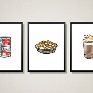 Trio von Illustrationen zum Ausstellen: minimalistisch (Ahornsirup, Poutine, Eiscappuccino)