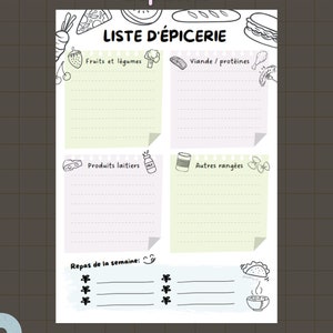 May include: A grocery list notepad with sections for fruits and vegetables, meat and proteins, dairy products, and other categories. The notepad has a hand-drawn style with the text "Grocery List" at the top. The notepad also includes the text "Meals of the week".
