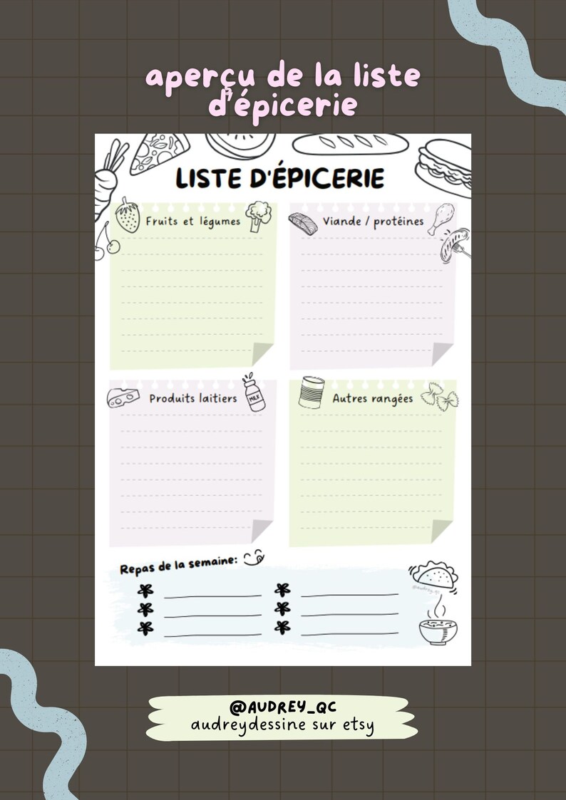 May include: A grocery list notepad with sections for fruits and vegetables, meat and proteins, dairy products, and other categories. The notepad has a hand-drawn style with the text "Grocery List" at the top. The notepad also includes the text "Meals of the week".