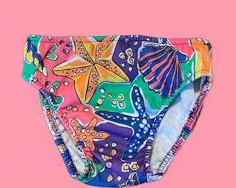 90s Bright Neon Toddler Vintage Swimsuit Bottoms. Abstract Seashell Print Colorful Bathing Suit Bottoms or Speedo. 12 Mo. 1990s Swim Diaper