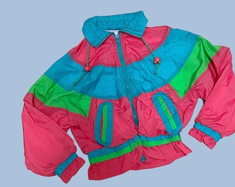 AMAZING Childrens 90s VTG Bright Color Block Zip Up Windbreaker. Retro Kids Small 7-8 Blue Pink and Green Neon Vintage Youth 90s Jacket