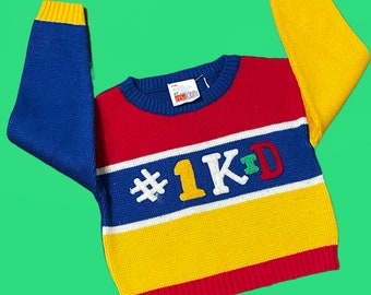 VTG 90s Childrens #1 KID Retro McDonalds Brand Knitted Toddler Sweater. Colorful Vintage Striped Pullover Crew Neck Sweatshirt Size 4T