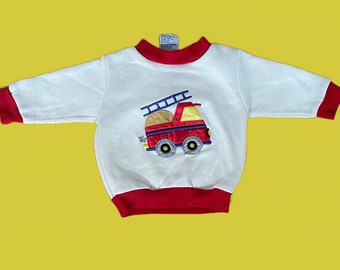 Fire Truck Vintage Baby Sweatshirt. 6 months to 9 month 1990s Crewneck Ringer Red and White Embroidered Little Boys Sweat Shirt
