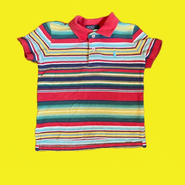 1990s or 2000s Vintage Toddler Striped Collared 2T Horizontal Striped Polo Ralph Lauren Half Button Shirt. Colorful Boys 18 Month Shirt