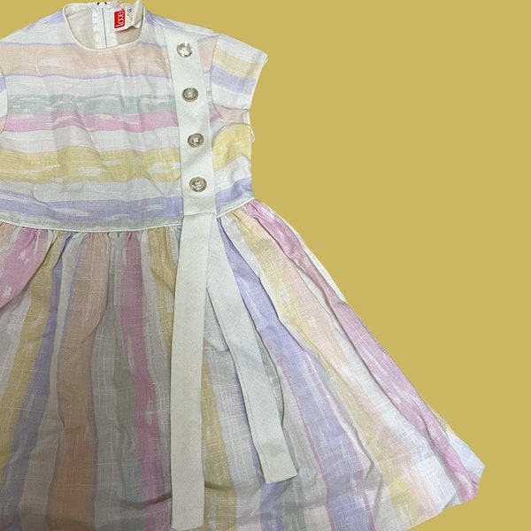 Vintage 1980s Pastel Striped Little Girls Size 6 Short Sleeve Dress. Retro Youth Small 80s Kids Cap Sleeved Button Up Pink and Yellow Dress