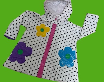 Vintage 90s Polka Dot Toddler Rain Jacket. Kids Flower Pattern Hooded Shiny Rain Coat. Size 2T Little Girls Retro 1990s Vinyl Childrens Coat