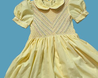 Yellow Vintage Girly Pastel Dress. Floral Embroidsred 80s Short Sleeve Children’s Knee Length Collared Easter Dress with Puffy Sleeves.