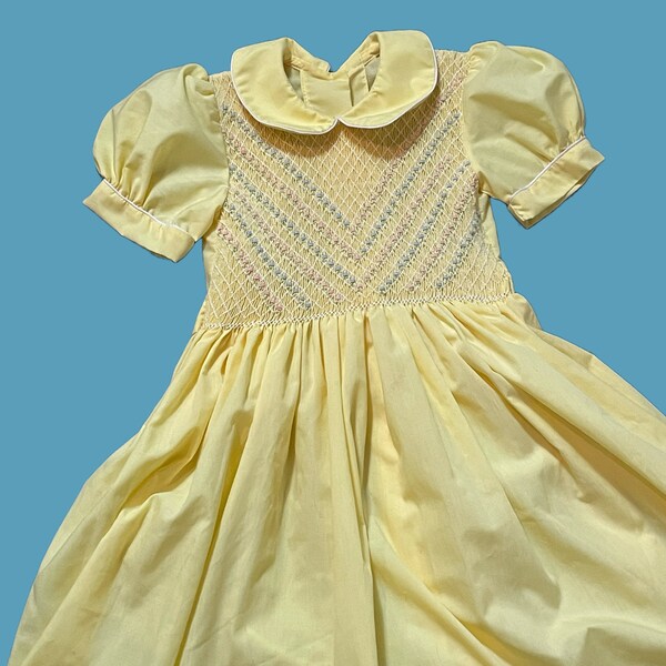 Yellow Vintage Girly Pastel Dress. Floral Embroidsred 80s Short Sleeve Children’s Knee Length Collared Easter Dress with Puffy Sleeves.