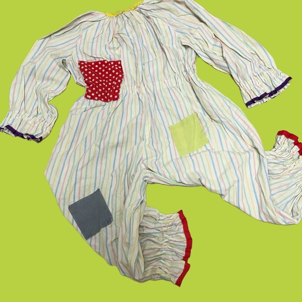 Childrens Vintage 80s Clown Costume. Long Sleeve Striped Puffy Handmade Patchwork Romper. Awesome Youth Large Retro Kids Clown Outfit.