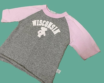 Girls Baby Wisconsin Badgers College Football Pink and White T Shirt. Half Sleeve Infant Retro Sporty Baseball Tee Size 6 Month
