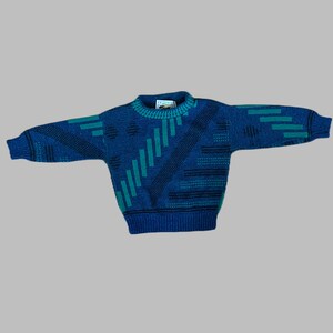 Vintage 90s Childrens LE TIGRE Retro Blue And Green Geometric Knitted Toddler Sweater