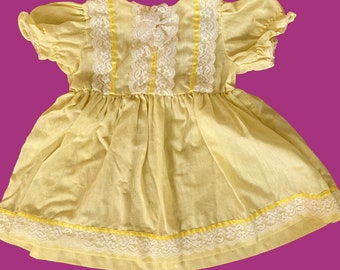 Yellow Lacey Vintage 60s Girly Babydoll Dress. Fun Frilly Toddler Short Sleeve Above the Knee Lace Trim Pastel 2T or 3T Easter Dress