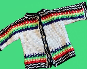 Pull vintage pour tout-petits en tricot à la main. Cardigan boutonné coloré en grosse maille, 12 mois à 2T