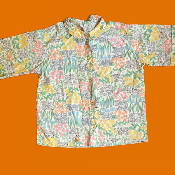 Awesome Vintage 1960s Lightweight Button Up Shirt. Adorable Rare Retro Floral Print Dress Shirt. Kids Large Mid Century Childrens Clothing